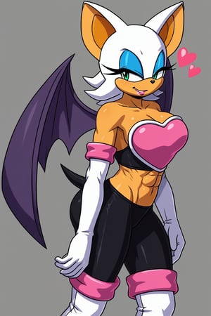 rouge, animal ears, bat ears,bat girl, bat tail, bat wings,eyeliner, furry, furry female,green eyes, makeup,white hair, eyeshadow,bare shoulders, boots, elbow gloves, heart, knee boots,white footwear, white gloves,midriff,abs,artwork_(digital),digital_art,furry,anhtro,croptop,1girl, sideview 