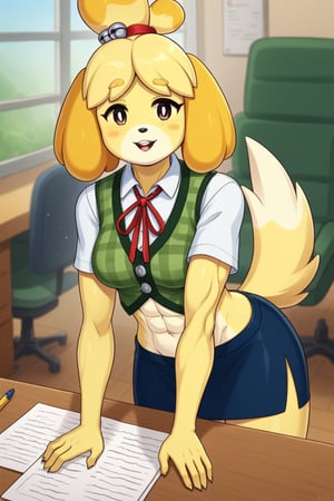 isabelle \(animal crossing\), short sleeve, plaid vest, work attire, blue skirt, red ribbon tie, midriff, abs, dog girl, furry, digital artwork, artwork_(digital), croptop,workplace,1girl, anthrofur,anthro 