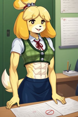 isabelle \(animal crossing\), short sleeve, plaid vest,work attire, blue skirt, red ribbon tie, midriff, abs, dog girl, furry, digital artwork, artwork_(digital), croptop,workplace,1girl, anthrofur,anthro 