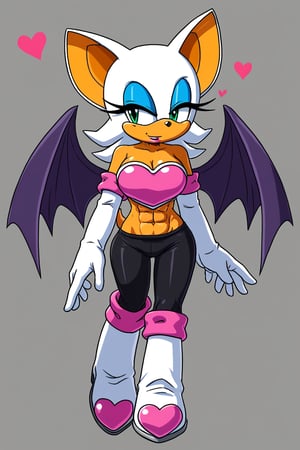 rouge, animal ears, bat ears,bat girl, bat tail, bat wings,eyeliner, furry, furry female,green eyes, makeup,white hair, eyeshadow,bare shoulders, boots, elbow gloves, heart, knee boots,white footwear, white gloves,midriff,abs,artwork_(digital),digital_art,furry,anhtro,croptop,1girl, sideview 