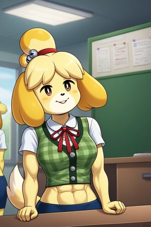 isabelle \(animal crossing\), short sleeve, work attire, blue skirt, red ribbon tie, midriff, abs, dog girl, furry, digital artwork, artwork_(digital), croptop,workplace,1girl, anthrofur,anthro 