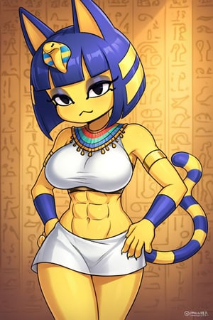 Sleeveless, white dress ,midriff, abs, catgirl, furry, digital artwork, artwork_(digital), croptop,ankha (animal crossing),bare_midriff, Egyptian,egypt, 1girl,smug,