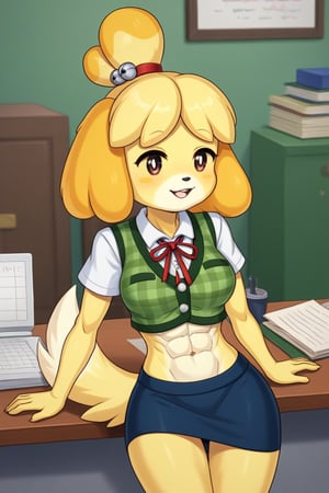 isabelle \(animal crossing\), short sleeve, plaid vest, work attire, blue skirt, red ribbon tie, midriff, abs, dog girl, furry, digital artwork, artwork_(digital), croptop,workplace,1girl, anthrofur,anthro 