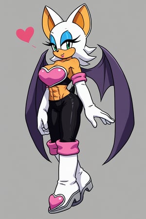 rouge, animal ears, bat ears,bat girl, bat tail, bat wings,eyeliner, furry, furry female,green eyes, makeup,white hair, eyeshadow,bare shoulders, boots, elbow gloves, heart, knee boots,white footwear, white gloves,midriff,abs,artwork_(digital),digital_art,furry,anhtro,croptop,1girl, sideview 