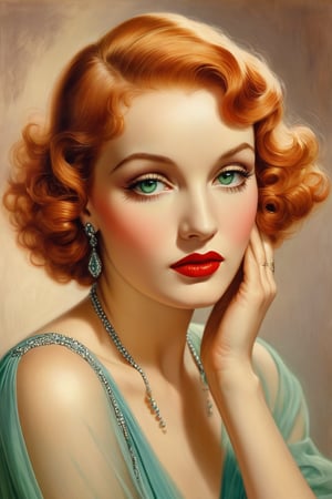 rolf armstrong illustration, 25 years old, 1girl, oil painting, pastel colors, beautiful woman, simple background, 1930s makeup, 1930s hair, 1930s dress, full body, pastel, hand on face, ultra detailed, soft colors, red hair, perfect anatomy, realistic hands, realistic illustration, picture play magazine, marlene dietrich, realistic, realistic hands, green eyes, long thick eyelashes, historically accurate 1930s dress