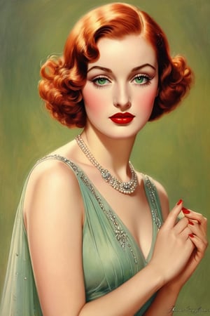 rolf armstrong illustration, 25 years old, 1girl, oil painting, pastel colors, beautiful woman, simple background, 1930s makeup, 1930s hair, 1930s dress, pastel, ultra detailed, soft colors, red hair, perfect anatomy, realistic hands, realistic illustration, picture play magazine, joan crawford, hyper realistic, realistic hands, green eyes, long thick false eyelashes, historically accurate 1930s dress,