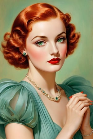 rolf armstrong illustration, 25 years old, 1girl, oil painting, pastel colors, beautiful woman, simple background, 1930s makeup, 1930s hair, 1930s dress, pastel, ultra detailed, soft colors, red hair, perfect anatomy, realistic hands, realistic illustration, picture play magazine, joan crawford, hyper realistic, realistic hands, green eyes, long thick false eyelashes, historically accurate 1930s dress,