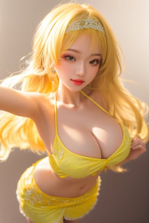 8K, masterpiece, highly detailed, highest quality,best quality, professional photography, intricate details,a beautiful girl,depth of field,She was in a bright yellow dress,(Background blur:1.3)