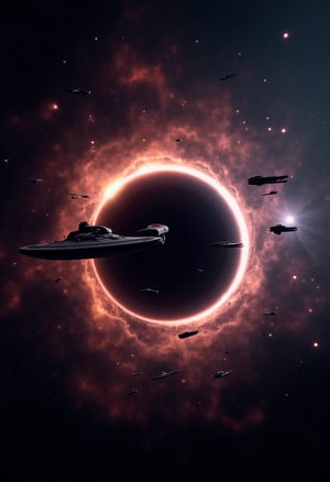 ultrarealistic ufo starship fleet flying in realistic black hole vortex8k resolution,sharp focus,