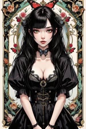 illustration, ink outline, fine detail rendered, color, A beautiful girl in her twenties in a gothic type costume with long black hair, green eyes with a butterfly choker looking at the  is looking at viewer crafted ornaments, detailed background, fantastic, mysterious, perfect composition, , (masterpiece:1.2), ((best quality, 8k, ultra-detailed, very clear)), perfect anatomy, anatomically correct hands, detailed hair, delicate hair expression, detailed eyes, beautiful face, beautiful eyes, extremely stylish, The most fashionable,FANGS