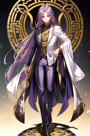 a young man in his early 20's with long purple hair, deep eyes, violet eyes, wearing a suit combining Viking and traditional Chinese styles, shows his full body, masterpiece,  best quality,