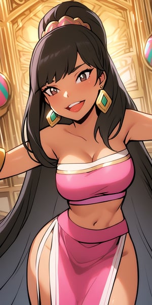 1.girl, Chel from el dorado, Latina, brunette, very long black hair, bangs above the eyes, dark brown eyes, square gold earrings, strapless top, white with pink, pink bracelets, long white skirt style loincloth, slender body with slim figure, naughty and sexy attitude.