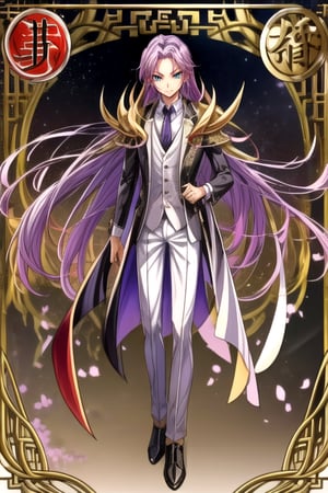 a young man in his early 20's with long purple hair, deep eyes, violet eyes, wearing a suit combining Viking and traditional Chinese styles, shows his full body, masterpiece,  best quality,