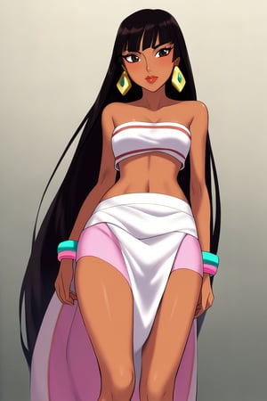 1.girl, chel_(the_road_to_el_dorado), native American, very long black hair, bangs above the eyes, dark brown eyes, square gold earrings, strapless top, white with pink, pink bracelets, long white skirt style loincloth, slender body with slim figure, naughty and sexy attitude.