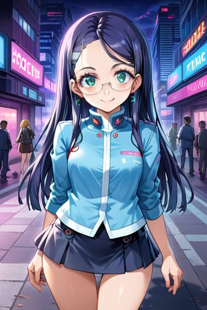 city,cyberpunk,(streetscape:1.1),(neons:1.2),ray tracing,street,night view, 1girl, black long hair, short skirt,  looking at viewer, thigh up body, earings, blush, outline, 2D manga artstyle, smile, Glasses
,  pisces, catwalk,Anitoon2,Black