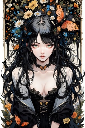 illustration, ink outline, fine detail rendered, color, A beautiful girl in her twenties in a gothic type costume with long black hair, green eyes with a butterfly choker looking at the  is looking at viewer crafted ornaments, detailed background, fantastic, mysterious, perfect composition, , (masterpiece:1.2), ((best quality, 8k, ultra-detailed, very clear)), perfect anatomy, anatomically correct hands, detailed hair, delicate hair expression, detailed eyes, beautiful face, beautiful eyes, extremely stylish, The most fashionable,FANGS