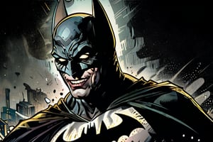 1 boy, Batman who Laugh, from Batman metal comics, teeth, male_focus, laughing, sharp_teeth, looking_at_viewer, pale skin, joker's smile, metal visor with spikes, thin, batman mask,