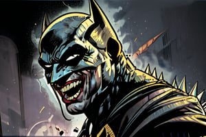 1 boy, Batman who Laugh, from Batman metal comics, teeth, male_focus, laughing, sharp_teeth, looking_at_viewer, pale skin, joker's smile, metal visor with spikes, thin, batman mask, Ha, Ha, Ha sounds on the air.