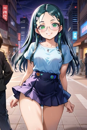 city,cyberpunk,(streetscape:1.1),(neons:1.2),ray tracing,street,night view, 1girl, black long hair, short skirt,  looking at viewer, thigh up body, earings, blush, outline, 2D manga artstyle, smile, Glasses
,  pisces, catwalk,Anitoon2,Black