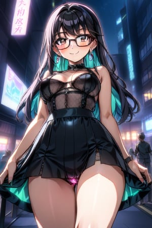 city,cyberpunk,(streetscape:1.1),(neons:1.2),ray tracing,street,night view, 1girl, black long hair, short skirt,  looking at viewer, thigh up body, earings, blush, outline, 2D manga artstyle, smile, Glasses, upskirt inner thigh, exposed labia, upskirt
,  pisces, catwalk,Anitoon2,Black 