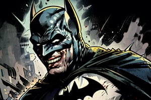 1 boy, Batman who Laugh, from Batman metal comics, teeth, male_focus, laughing, sharp_teeth, looking_at_viewer, pale skin, joker's smile, metal visor with spikes, thin, batman mask, Ha, Ha, Ha sounds .