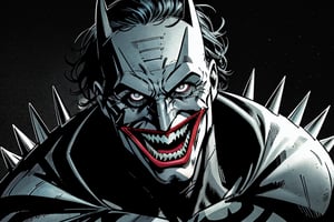 1 boy, Batman who Laugh, from Batman metal comics, teeth, male_focus, laughing, sharp_teeth, looking_at_viewer, pale skin, joker's smile, metal visor with spikes, thin, batman mask,