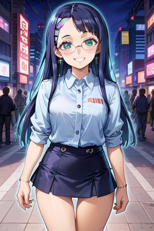 city,cyberpunk,(streetscape:1.1),(neons:1.2),ray tracing,street,night view, 1girl, black long hair, short skirt,  looking at viewer, thigh up body, earings, blush, outline, 2D manga artstyle, smile, Glasses
,  pisces, catwalk,Anitoon2,Black