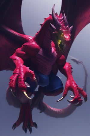 Black dragon, crimson scales, sharp teeth, long sharp claws, bright yellow eyes, large bat wings, burly, terrifying.