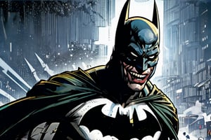 1 boy, Batman who Laugh, from Batman metal comics, teeth, male_focus, laughing, sharp_teeth, looking_at_viewer, pale skin, joker's smile, metal visor with spikes, thin, batman mask,