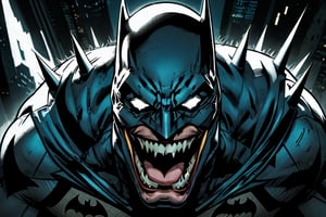 1 boy, Batman who Laugh, from Batman metal comics, teeth, male_focus, laughing, sharp_teeth, looking_at_viewer, pale skin, joker's smile, metal visor with spikes, thin, batman mask,