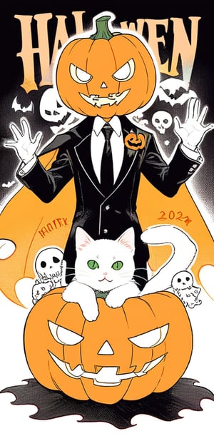 an elegant Jack Skellington a tailored suit and a vampire cape, in one hand he has a sign with the word halloween-2024 and in the other a pumpkin decorated with a telebroda face and on the top a kitten coming out of the head of the pumpkin