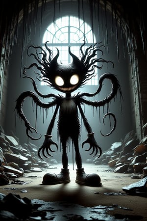 A dimly lit, abandoned cartoon studio, once filled with vibrant colors and laughter, now stands as a haunting monument to forgotten dreams. Among the dusty rubble, a twisted, ink-covered version of Bendy emerges from the shadows, his disproportionate limbs resembling grasping tentacles, his white bow-like gloves now stained by a dark liquid. The boy's face, a grotesque parody of innocence, twists into a malevolent smile as he stands in the dark corners, a monstrous guardian of the secrets of forgotten study.