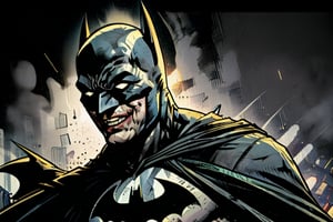 1 boy, Batman who Laugh, from Batman metal comics, teeth, male_focus, laughing, sharp_teeth, looking_at_viewer, pale skin, joker's smile, metal visor with spikes, thin, batman mask, Ha, Ha, Ha sounds on the air.