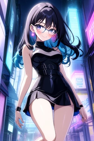 city,cyberpunk,(streetscape:1.1),(neons:1.2),ray tracing,street,night view, 1girl, black long hair, short skirt,  looking at viewer, thigh up body, earings, blush, outline, 2D manga artstyle, smile, Glasses
,  pisces, catwalk,Anitoon2,Black