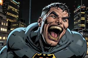 1 boy, Batman who Laugh, from Batman metal comics, teeth, male_focus, smile, open_mouth, sharp_teeth, looking_at_viewer