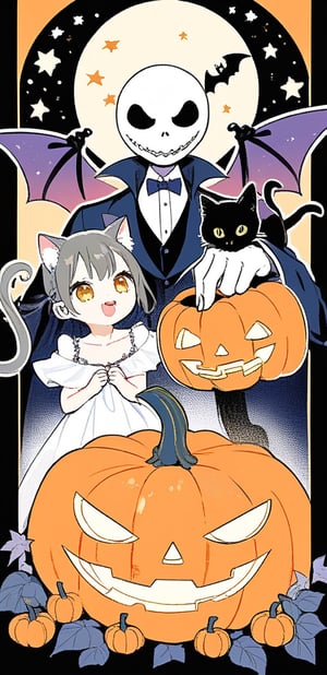 an elegant Jack Skellington a tailored suit and a vampire cape, in one hand he has a sign with the word halloween-2024 and in the other a pumpkin decorated with a telebroda face and on the top a kitten coming out of the head of the pumpkin