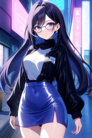 city,cyberpunk,(streetscape:1.1),(neons:1.2),ray tracing,street,night view, 1girl, black long hair, short skirt,  looking at viewer, thigh up body, earings, blush, outline, 2D manga artstyle, smile, Glasses
,  pisces, catwalk,Anitoon2,Black