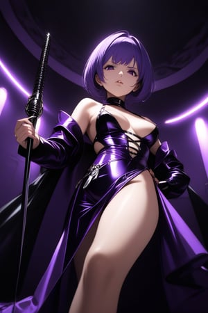 score_9, score_8_up, score_7_up, source_anime, 1girl, HamanKarn, short hair, purple eyes,  dominatrix outfit, sadistic expression, standing, holding whip, looking down at viewer, low angle, bedroom, indoors, dramatic lighting, femdom, 