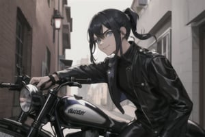 a boy with a very long blue black hair tied in a low black ponytail with deep blue eyes, adding an edgy touch to his intimidating presence.evil smile, Leaning against his motorcycle in an alleyway at night, he radiates a serious, unyielding intensity. Perfect lighting casts deep shadows, accentuating every curve and crease, as if the camera has captured a slice of pure chaos.