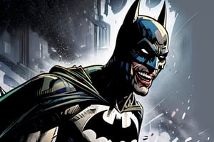 1 boy, Batman who Laugh, from Batman metal comics, teeth, male_focus, laughing, sharp_teeth, looking_at_viewer, pale skin, joker's smile, metal visor with spikes, thin, batman mask, Ha, Ha, Ha sounds .