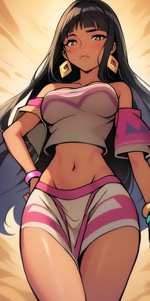 1.girl, chel_(the_road_to_el_dorado), native American, very long black hair, bangs above the eyes, dark brown eyes, square gold earrings, strapless top, white with pink, pink bracelets, long white skirt style loincloth, slender body with slim figure, naughty and sexy attitude.