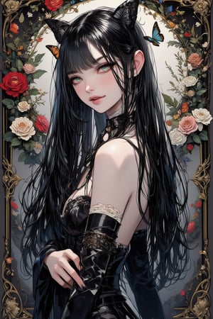 illustration, ink outline, fine detail rendered, color, A beautiful girl in her twenties in a gothic type costume with long black hair, green eyes with a butterfly choker looking at the  is looking at viewer crafted ornaments, detailed background, fantastic, mysterious, perfect composition, , (masterpiece:1.2), ((best quality, 8k, ultra-detailed, very clear)), perfect anatomy, anatomically correct hands, detailed hair, delicate hair expression, detailed eyes, beautiful face, beautiful eyes, extremely stylish, The most fashionable,FANGS