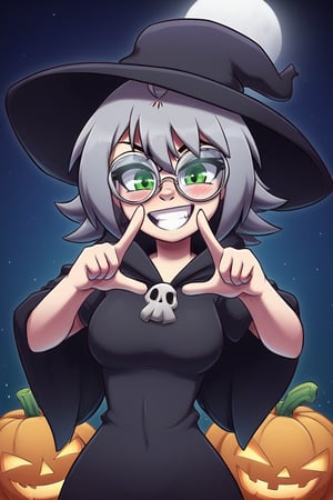 1girl, solo, (gray hair), green eyes, ahoge, (low-pigtail hairs:1.2), (black round frame glasses:1.2), (Witch hat), (Witch cloak), Witch dress, (cute pose), cobweb, (skull), pumpkin lantern, moon, blush, (In the forest at night), (eyes highlight), standing, ((upper body)), very beautiful girl, crazy smiling, slightly angry, himecut hairstyle, masterpiece quality, stunning image, masterpiece, 8K, stunning image, light particles, attractive image, reflections,  \medium\,Beautiful eyes,