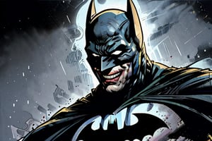 1 boy, Batman who Laugh, from Batman metal comics, teeth, male_focus, laughing, sharp_teeth, looking_at_viewer, pale skin, joker's smile, metal visor with spikes, thin, batman mask,