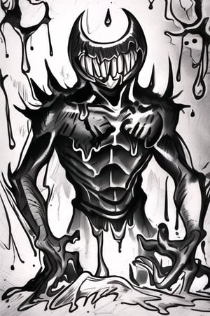 ink demon, bloody teeth, sharp claws, terror, tall, dripping ink, killer

