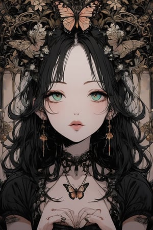 illustration, ink outline, fine detail rendered, color, A beautiful girl in her twenties in a gothic type costume with long black hair, green eyes with a butterfly choker looking at the  is looking at viewer crafted ornaments, detailed background, fantastic, mysterious, perfect composition, , (masterpiece:1.2), ((best quality, 8k, ultra-detailed, very clear)), perfect anatomy, anatomically correct hands, detailed hair, delicate hair expression, detailed eyes, beautiful face, beautiful eyes, extremely stylish, The most fashionable,FANGS