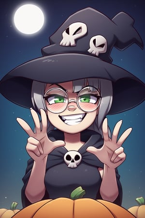 1girl, solo, (gray hair), green eyes, ahoge, (low-pigtail hairs:1.2), (black round frame glasses:1.2), (Witch hat), (Witch cloak), Witch dress, (cute pose), cobweb, (skull), pumpkin lantern, moon, blush, (In the forest at night), (eyes highlight), standing, ((upper body)), very beautiful girl, crazy smiling, slightly angry, himecut hairstyle, masterpiece quality, stunning image, masterpiece, 8K, stunning image, light particles, attractive image, reflections,  \medium\,Beautiful eyes,