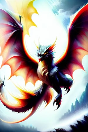 Black dragon, crimson scales, sharp teeth, long sharp claws, bright yellow eyes, large bat wings, burly, terrifying.