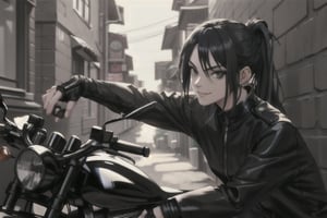 a boy with a very long blue black hair tied in a low black ponytail with deep black eyes, adding an edgy touch to his intimidating presence.evil smile, ninja look, Leaning against his motorcycle in an alleyway at night, he radiates a serious, unyielding intensity. Perfect lighting casts deep shadows, accentuating every curve and crease, as if the camera has captured a slice of pure chaos.