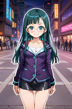 city,cyberpunk,(streetscape:1.1),(neons:1.2),ray tracing,street,night view, 1girl, black long hair, short skirt,  looking at viewer, thigh up body, earings, blush, outline, 2D manga artstyle, smile, Glasses
,  pisces, catwalk,Anitoon2,Black